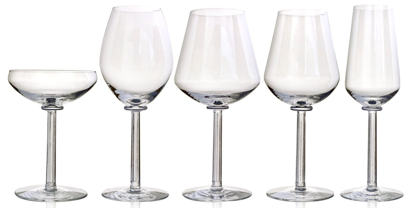 Temple Champagne Glas serien, med Coup, Non-Vintage, Prestige, Vintage och Flute-glaset.